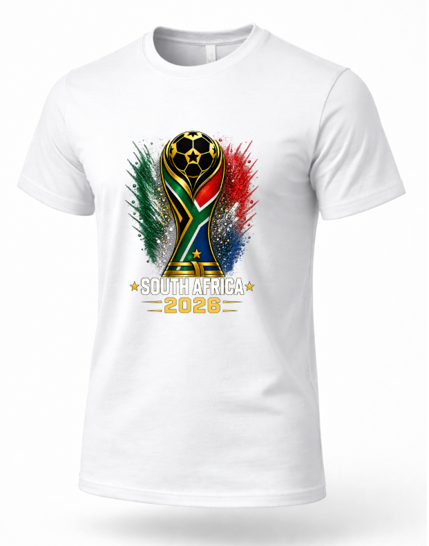 White t-shirt with South Africa 2020 soccer design on a white background