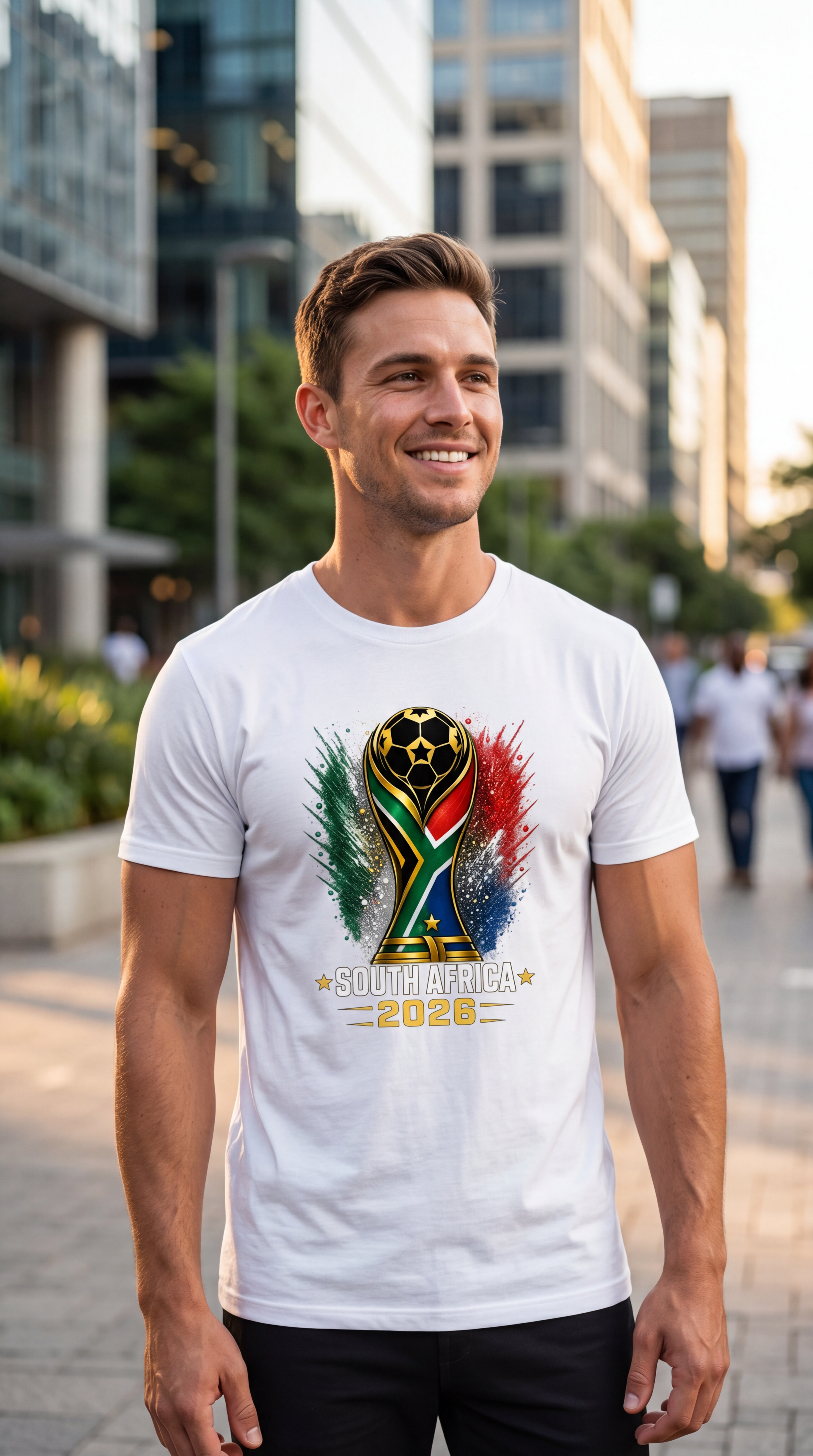 Man wearing a white t-shirt with a colorful World Cup 2022 logo in an urban setting.