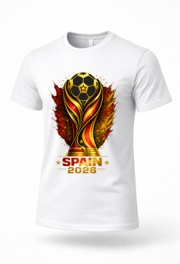 White Spain 2026 football fan T-shirt mockup with Spain-inspired soccer trophy graphic design