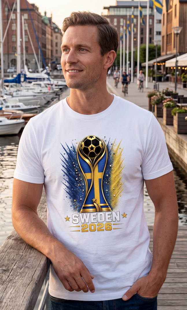 Man wearing a white t-shirt with a Sweden 2026 design, standing on a dock with boats and buildings in the background.