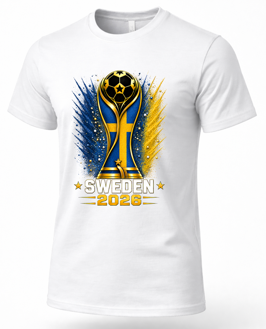 White t-shirt with a soccer trophy design featuring Sweden and the year 2026 on a white background.