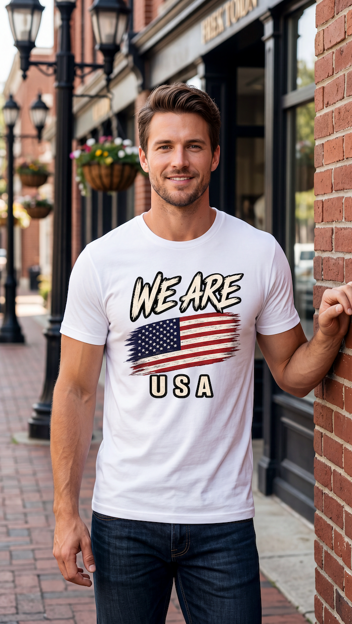 A man wearing a white graphic t-shirt with 'WE ARE USA' and an American flag design, standing on a brick sidewalk next to a brick wall.
