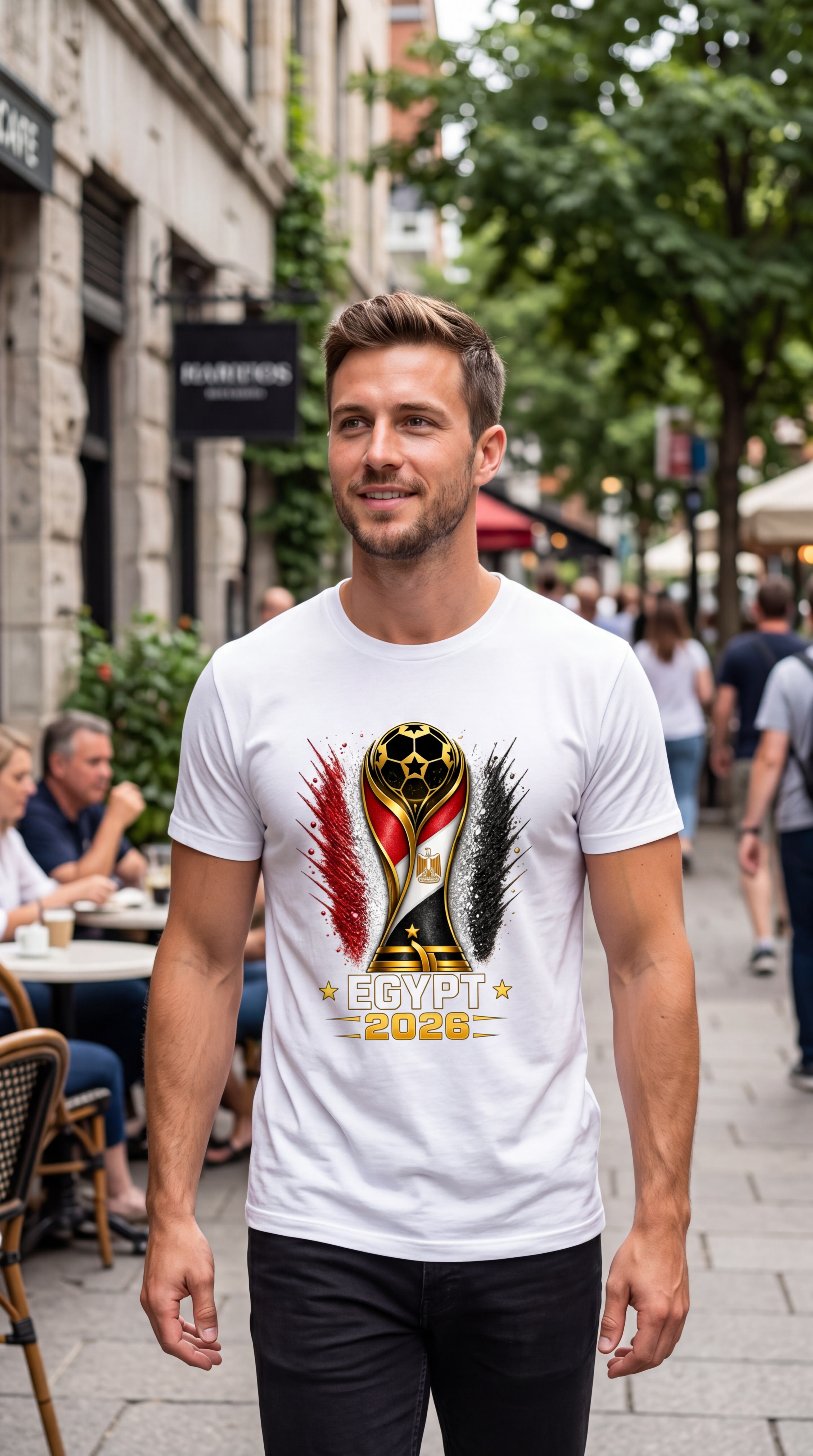 Man wearing a white t-shirt with a FIFA World Cup 2026 Egypt design on a city street.
