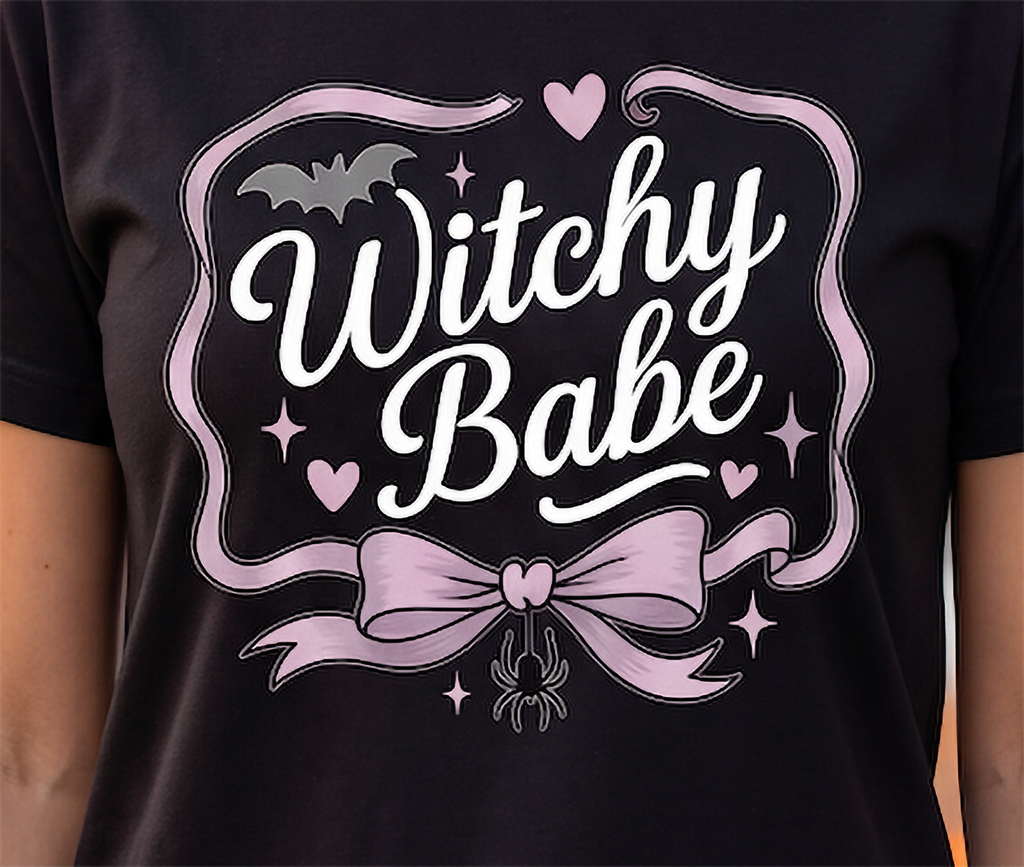 Close-up of Witchy Babe Halloween shirt graphic with pink bow, black bat, hearts, sparkles and spider