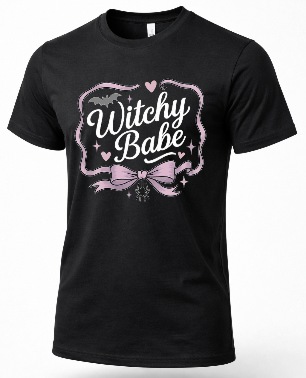 Black Witchy Babe Halloween graphic T-shirt with pink bow, bat, hearts, sparkles and hanging spider design
