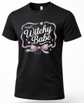 Black Witchy Babe Halloween graphic T-shirt with pink bow, bat, hearts, sparkles and hanging spider design