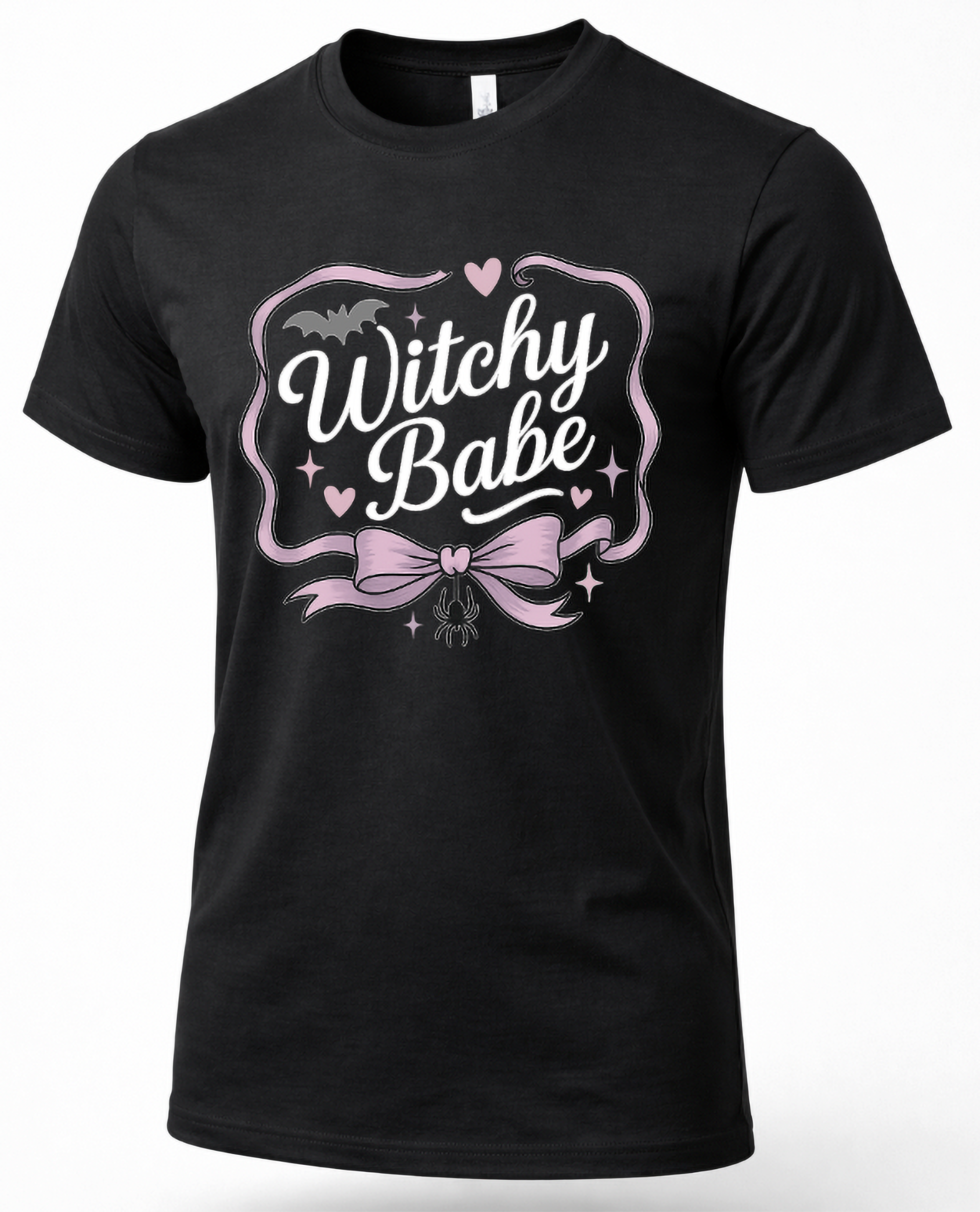 Black Witchy Babe Halloween graphic T-shirt with pink bow, bat, hearts, sparkles and hanging spider design