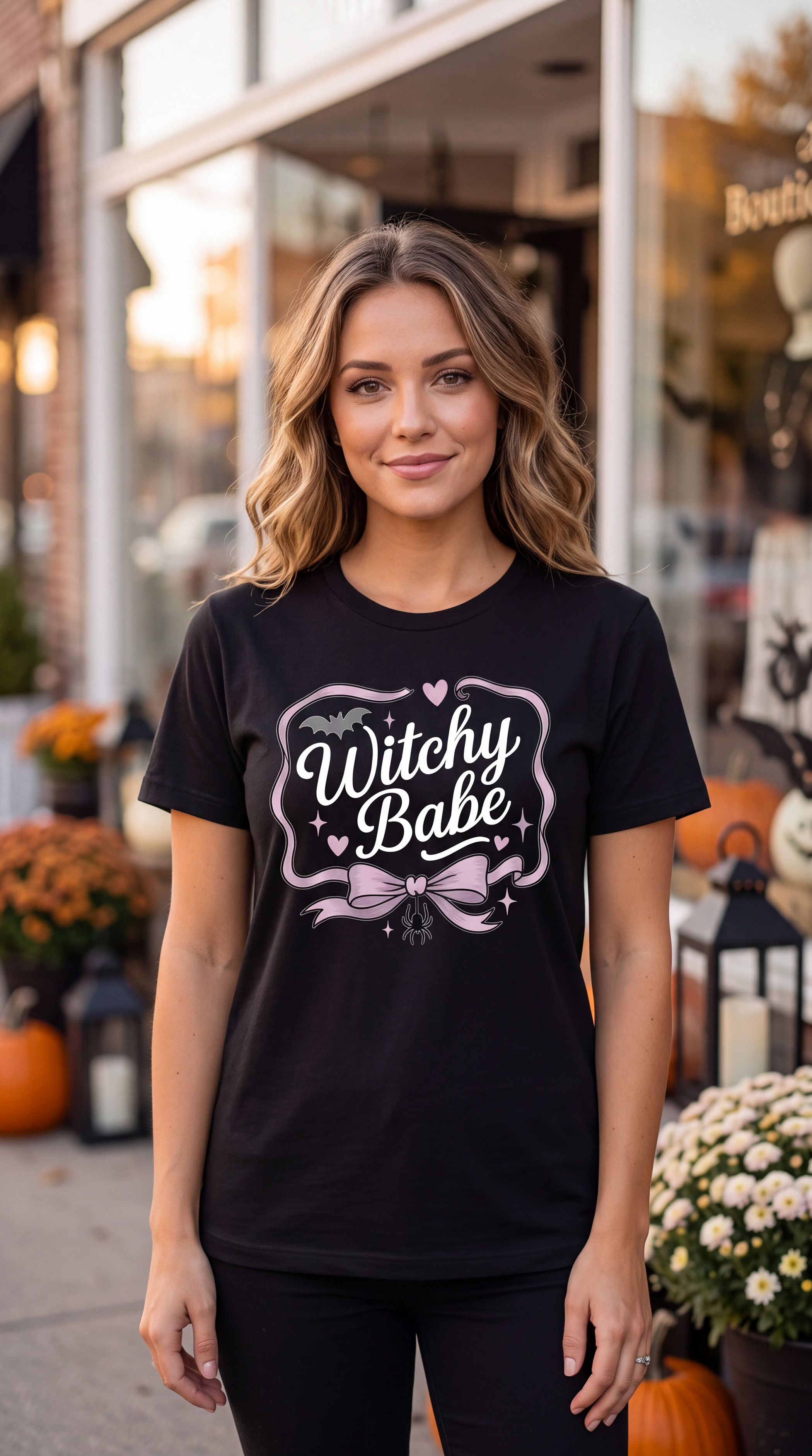 Woman wearing black Witchy Babe Halloween shirt with pink bow, bat, hearts and spider graphic in a fall storefront setting