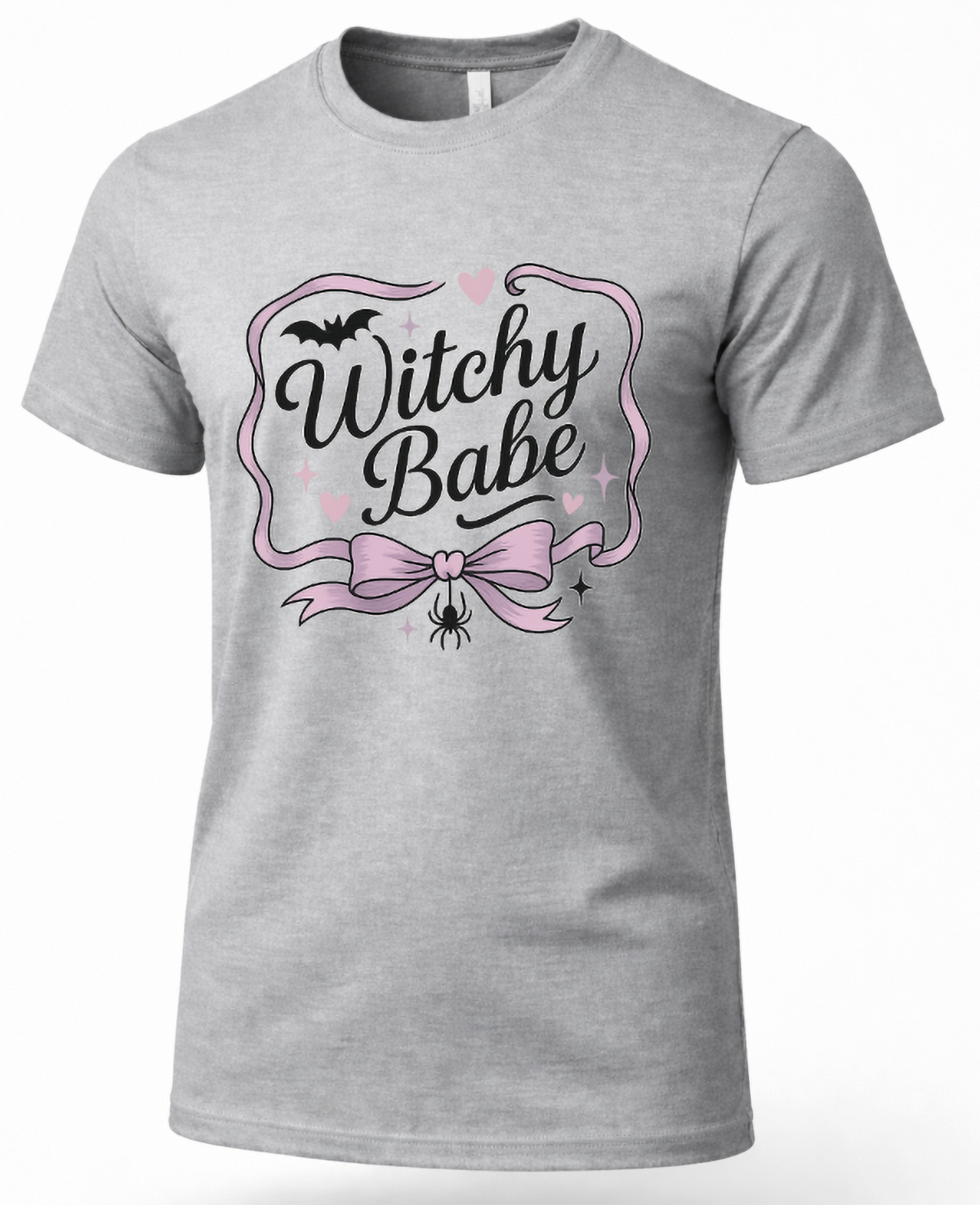 Heather Gray Witchy Babe Halloween graphic T-shirt with pink bow, bat, hearts and hanging spider design