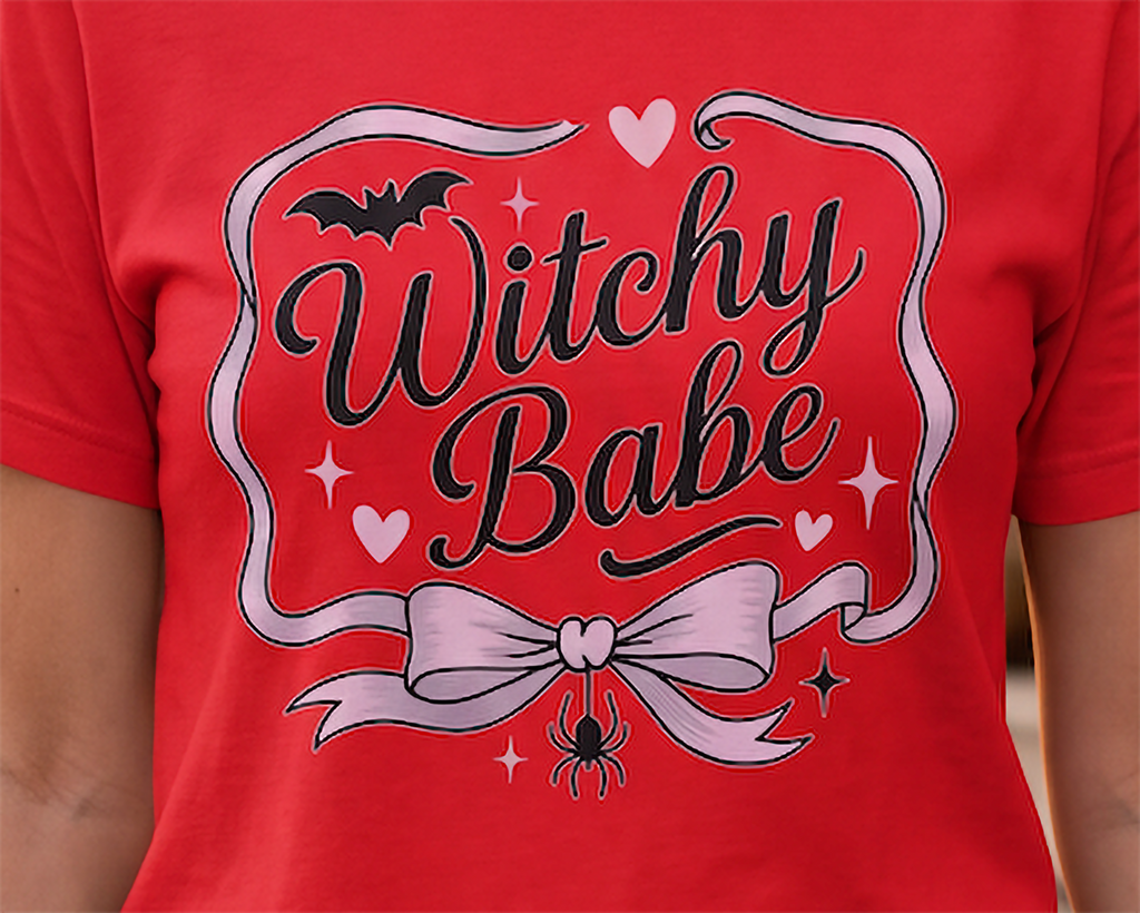 Close-up of Witchy Babe Halloween graphic on red T-shirt with pink bow, bat, hearts and spider