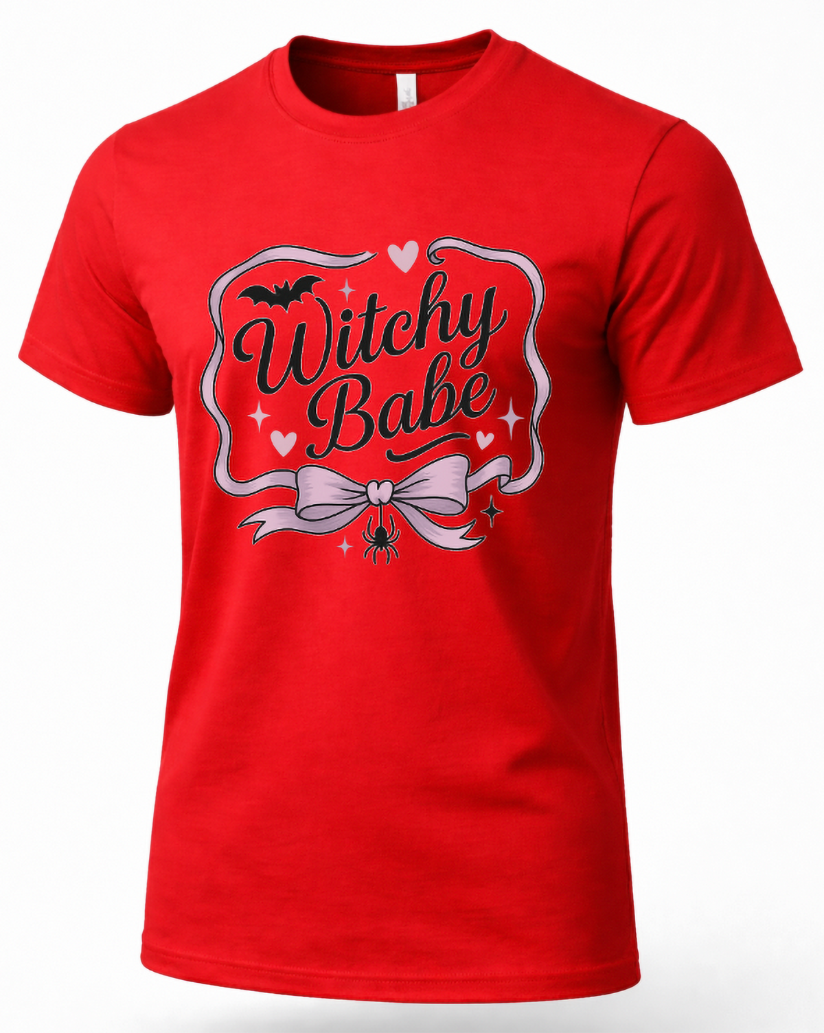Red Witchy Babe Halloween graphic T-shirt featuring pink bow, black bat, hearts, sparkles and spider