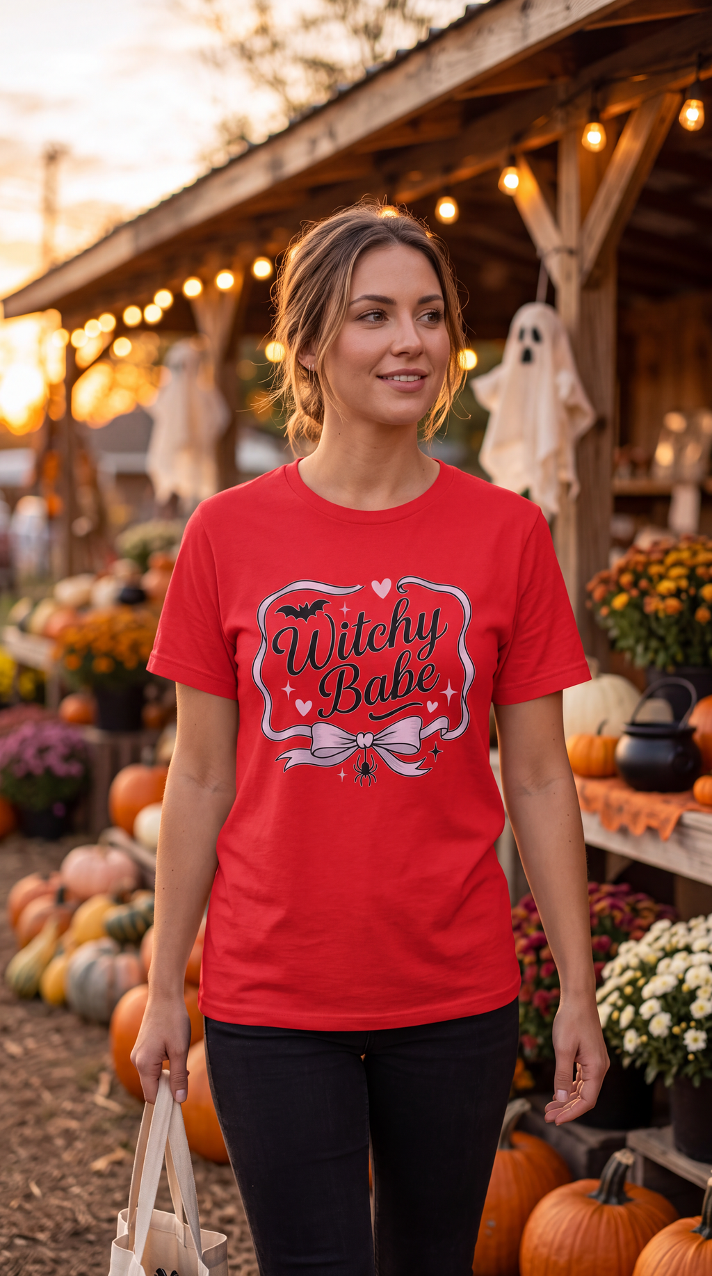 Woman wearing red Witchy Babe Halloween shirt with pink bow and black witchy graphic at a fall pumpkin market