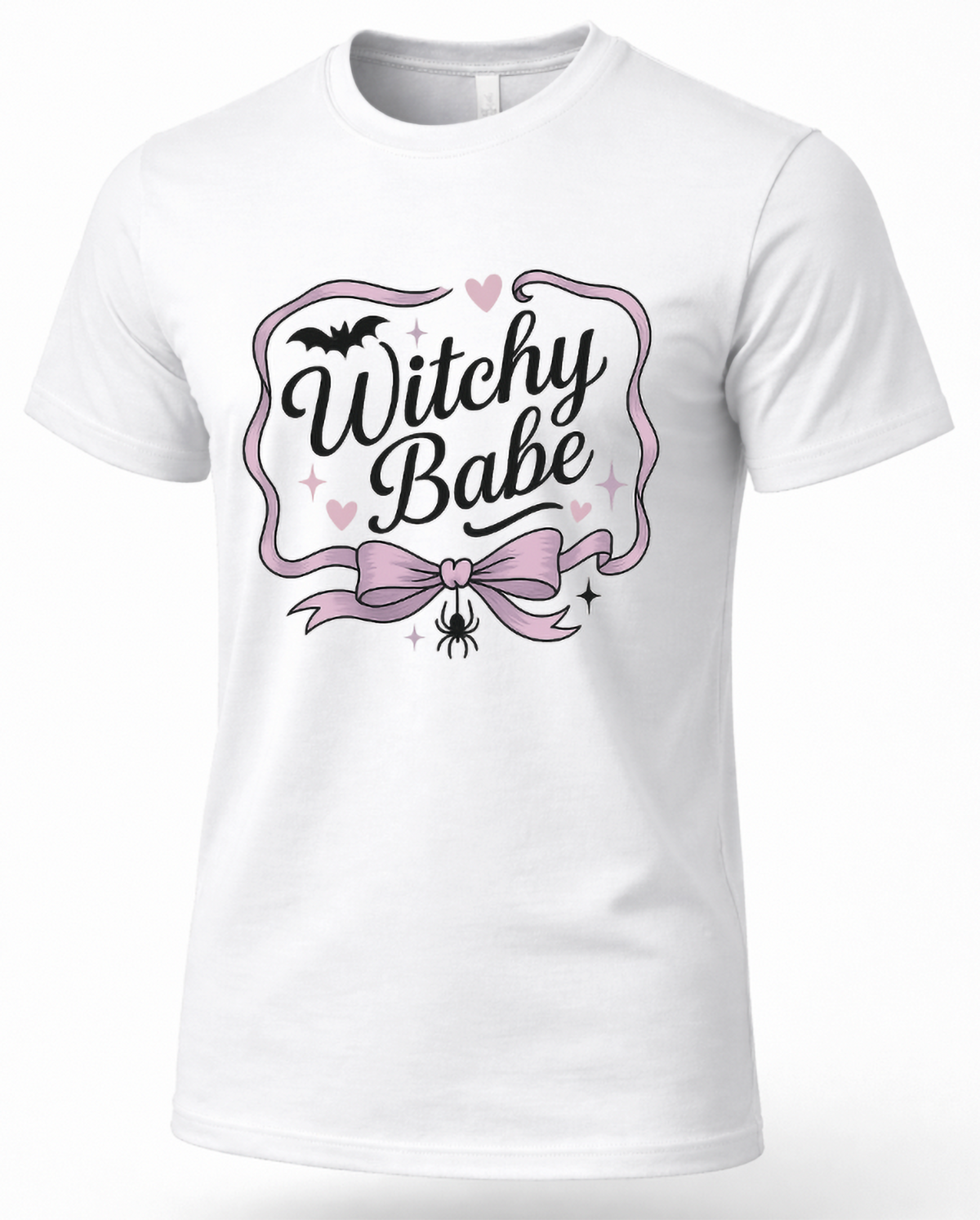 White Witchy Babe Halloween graphic T-shirt featuring pink bow, bat, hearts, sparkles and spider