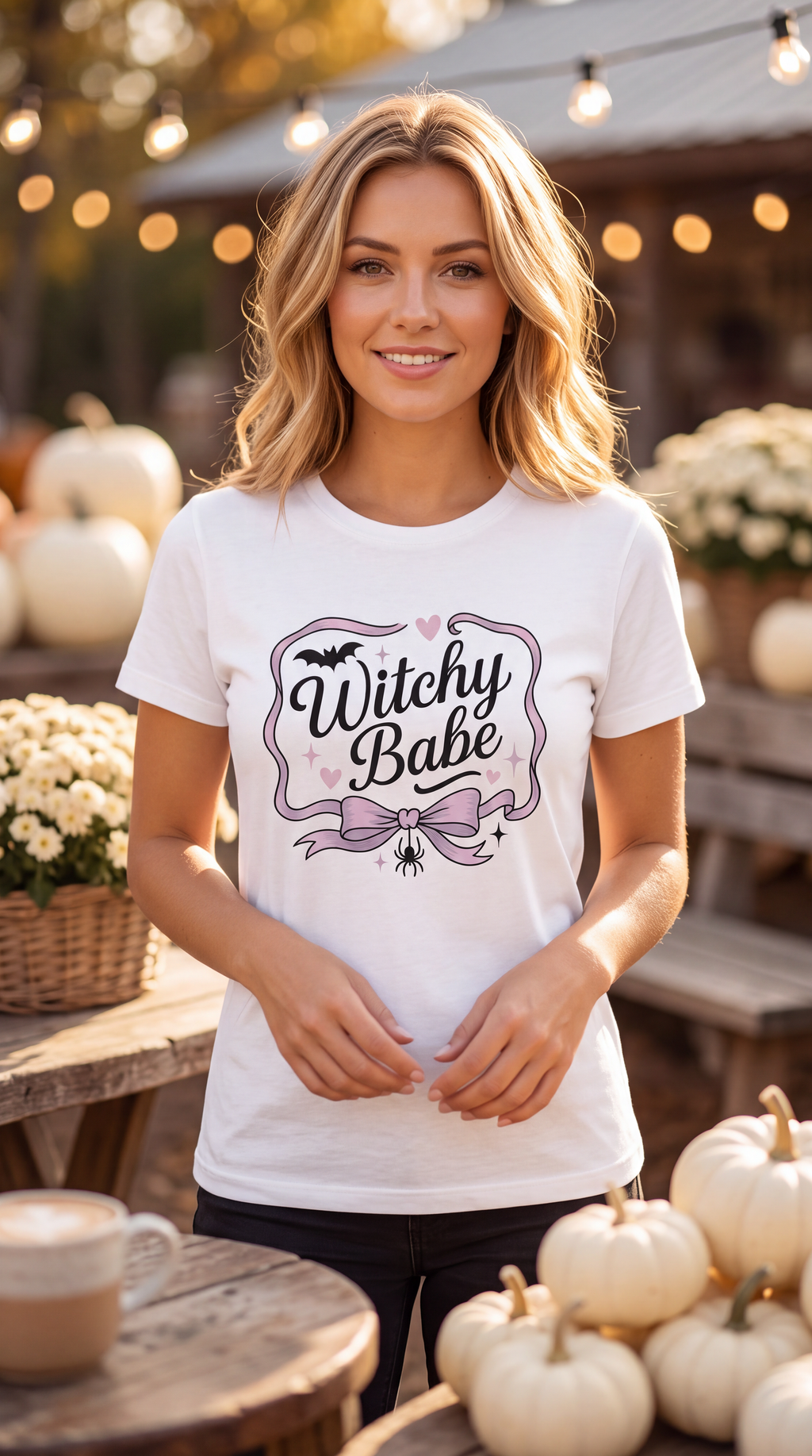 Woman wearing white Witchy Babe Halloween shirt with pink and black witchy graphic surrounded by white pumpkins