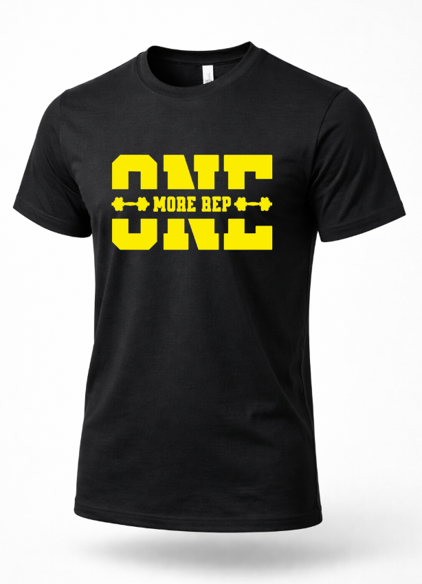 Black gym t-shirt with bold yellow “One More Rep” motivational weightlifting design, fitness workout shirt for lifters