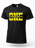 Black gym t-shirt with bold yellow “One More Rep” motivational weightlifting design, fitness workout shirt for lifters
