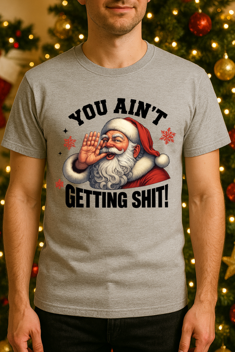 Man wearing a heather gray funny Christmas t-shirt featuring a Santa Claus graphic with the phrase “You Ain’t Getting Shit,” standing in front of a decorated Christmas tree.