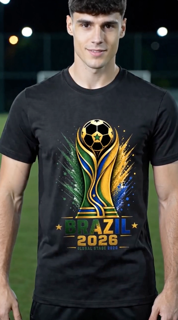 Male model wearing black Brazil 2026 soccer graphic t-shirt in a stadium atmosphere featuring Brazil-inspired football streetwear design and match day energy