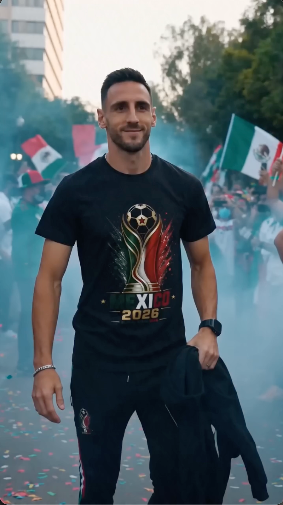 Male wearing black Mexico 2026 soccer fan shirt during patriotic football celebration with Mexico flags and crowd atmosphere