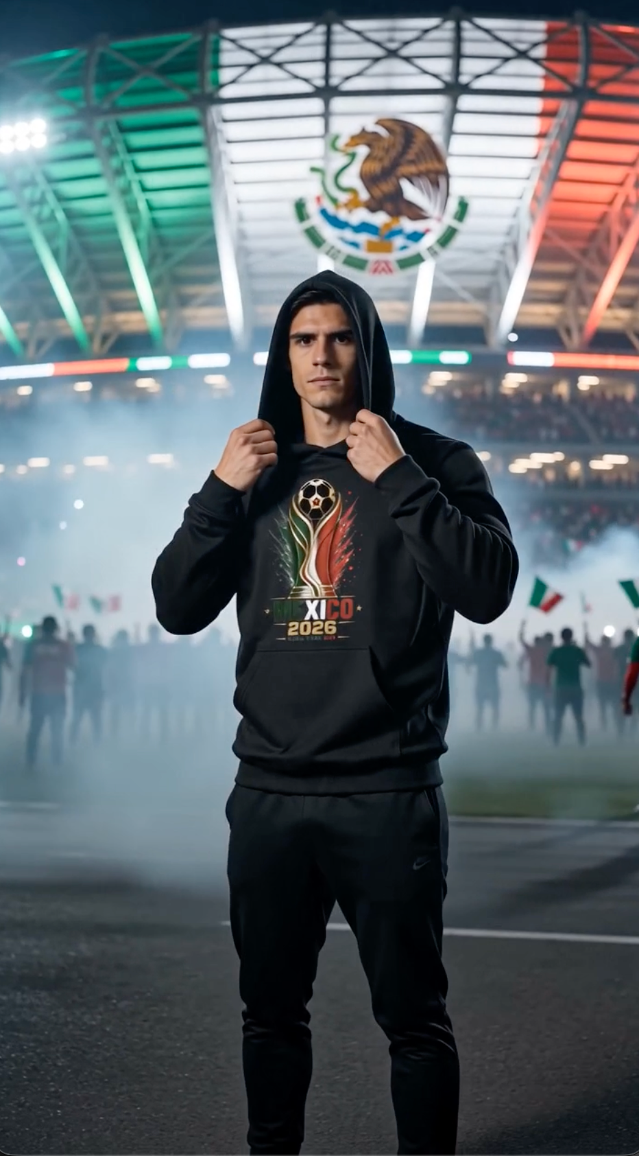 Male model wearing a black Mexico 2026 soccer hoodie in a stadium with Mexico flag colors and fans in the background, featuring a green white red championship-inspired football graphic streetwear design.