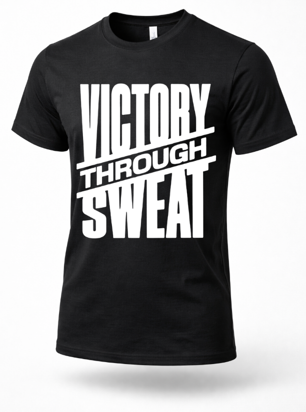 Black gym t-shirt with bold white “Victory Through Sweat” motivational workout text on front