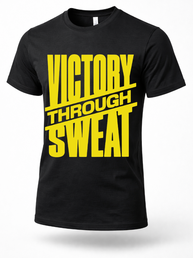 Black gym t-shirt with bold yellow “Victory Through Sweat” motivational workout text on front