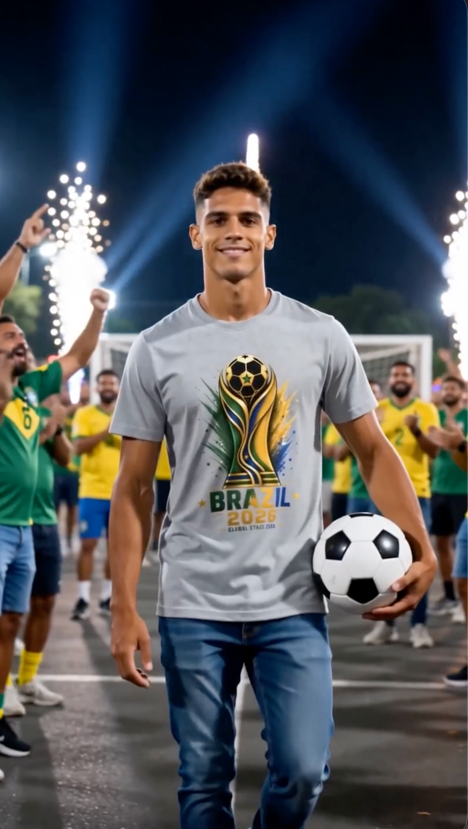 Male wearing gray Brazil 2026 soccer fan shirt while holding a soccer ball in a crowded stadium with Brazil-inspired football streetwear design