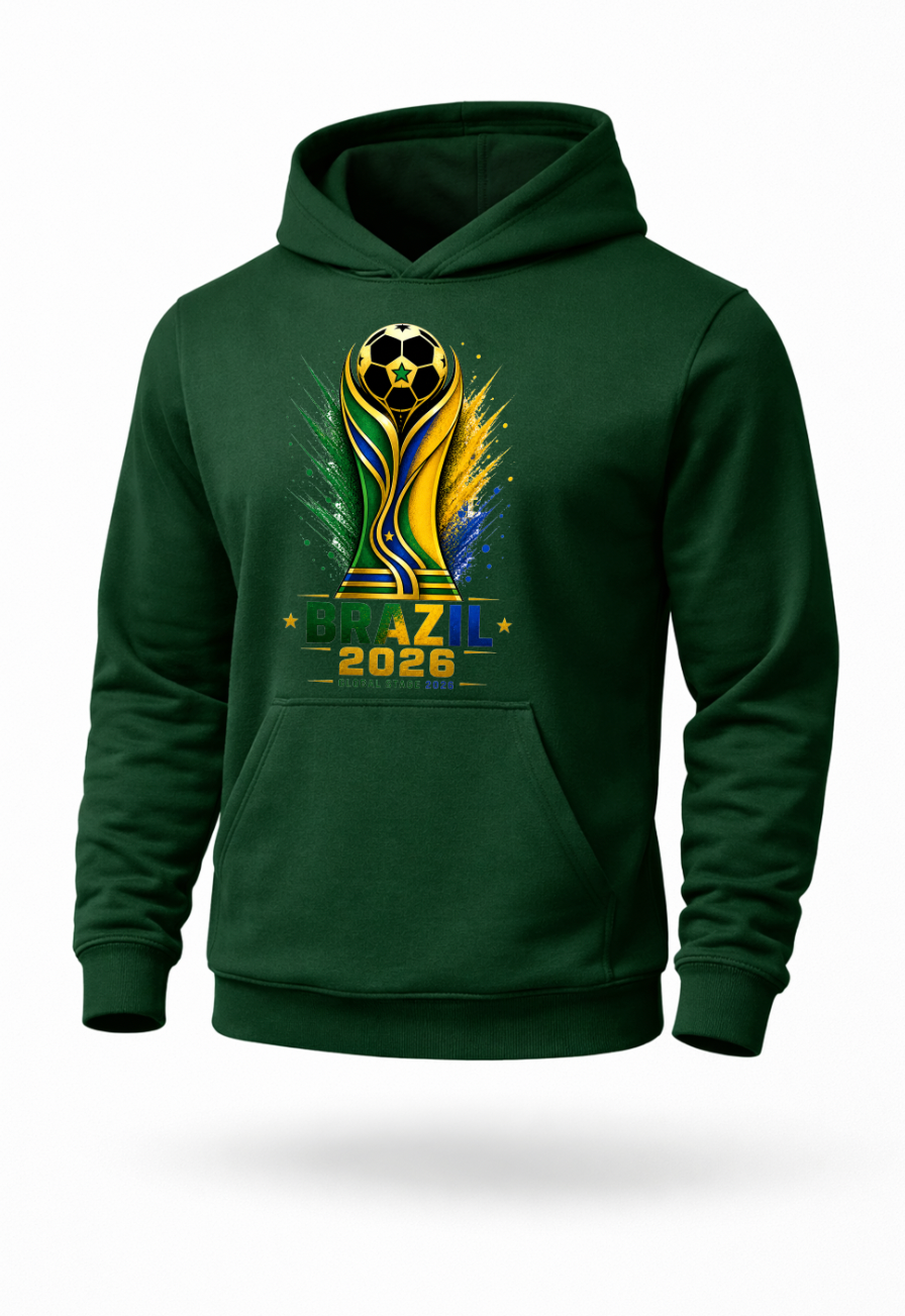 green Brazil 2026 soccer hoodie featuring green yellow blue and gold football-inspired graphic artwork on premium streetwear pullover hoodie