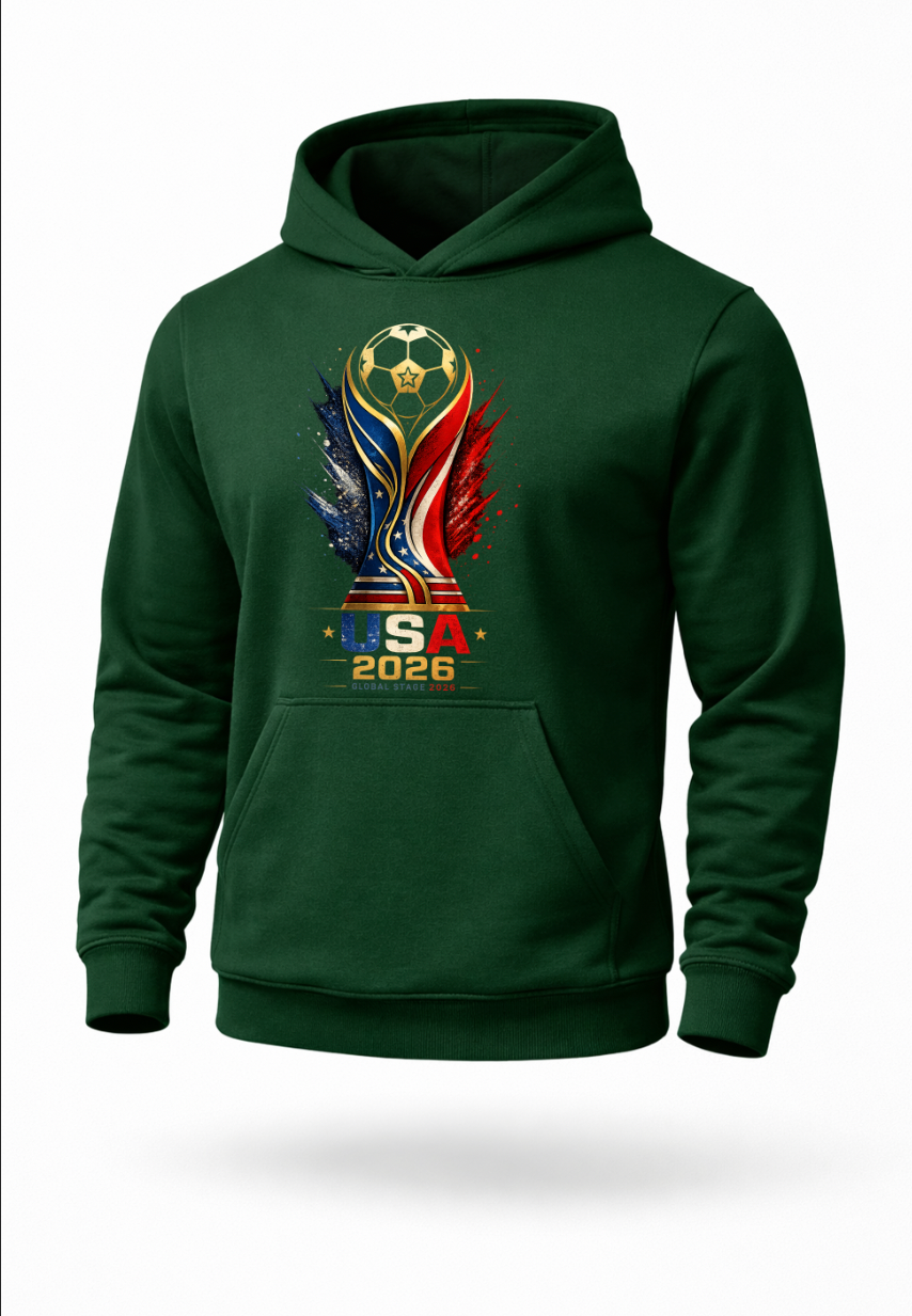 green USA 2026 soccer hoodie featuring patriotic red white and blue football-inspired graphic design on premium streetwear pullover hoodie