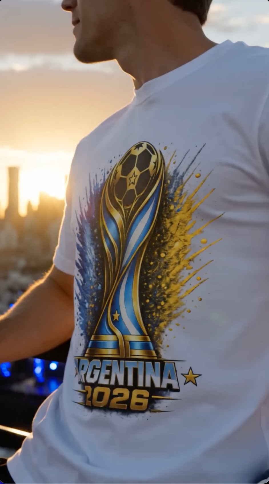 Close-up lifestyle photo of white Argentina 2026 soccer graphic T-shirt with blue and gold football trophy design at sunset