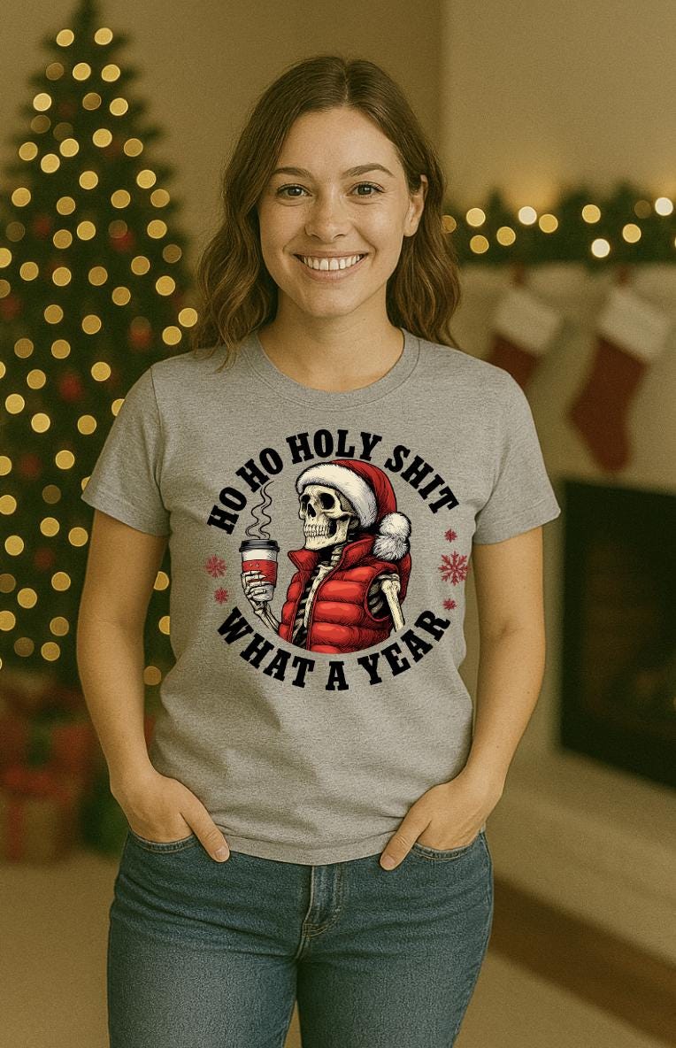 Funny Christmas Shirt for Adults | “Ho Ho Holy Sh*t What a Year” Holiday Tee | Sarcastic Skull Santa Xmas Shirt | Holiday Humor Gift