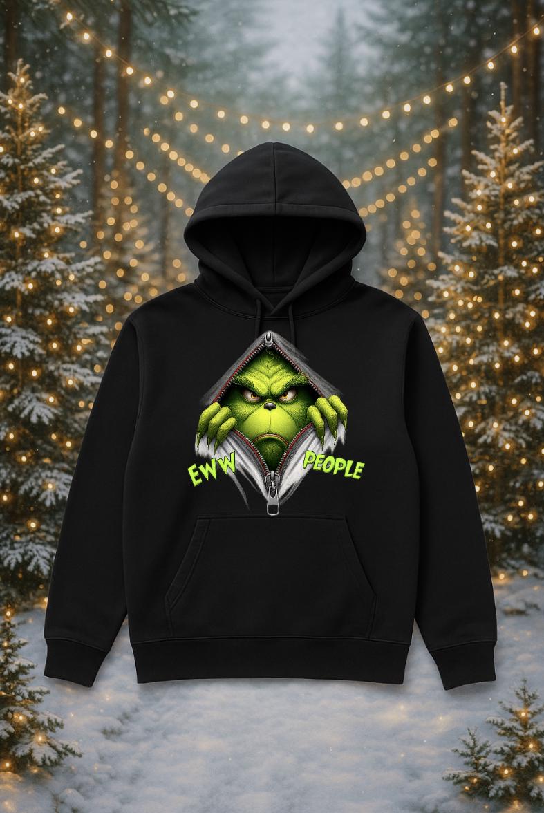 Funny Christmas Hoodie for Adults | “Eww People” Green Monster Holiday Hoodie | Sarcastic Antisocial Xmas Sweatshirt | Free Shipping Gift