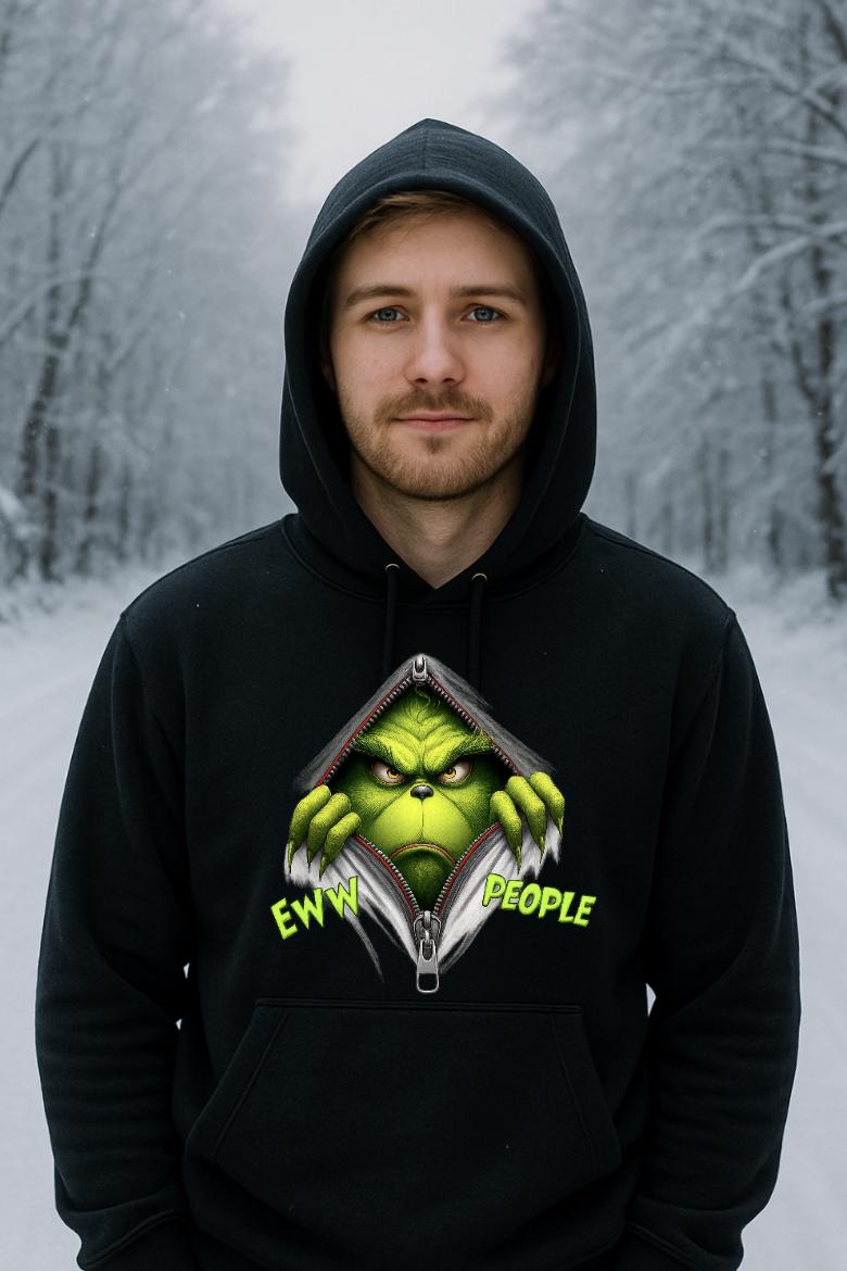 Funny Christmas Hoodie for Adults | “Eww People” Green Monster Holiday Hoodie | Sarcastic Antisocial Xmas Sweatshirt | Free Shipping Gift