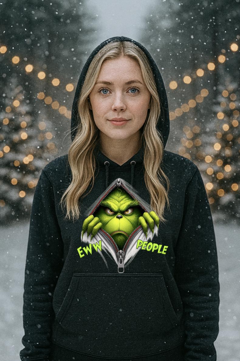 Funny Christmas Hoodie for Adults | “Eww People” Green Monster Holiday Hoodie | Sarcastic Antisocial Xmas Sweatshirt | Free Shipping Gift