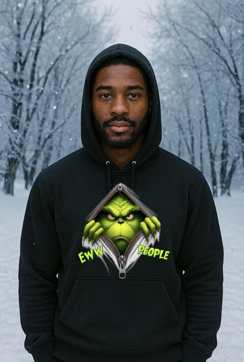 Funny Christmas Hoodie for Adults | “Eww People” Green Monster Holiday Hoodie | Sarcastic Antisocial Xmas Sweatshirt | Free Shipping Gift