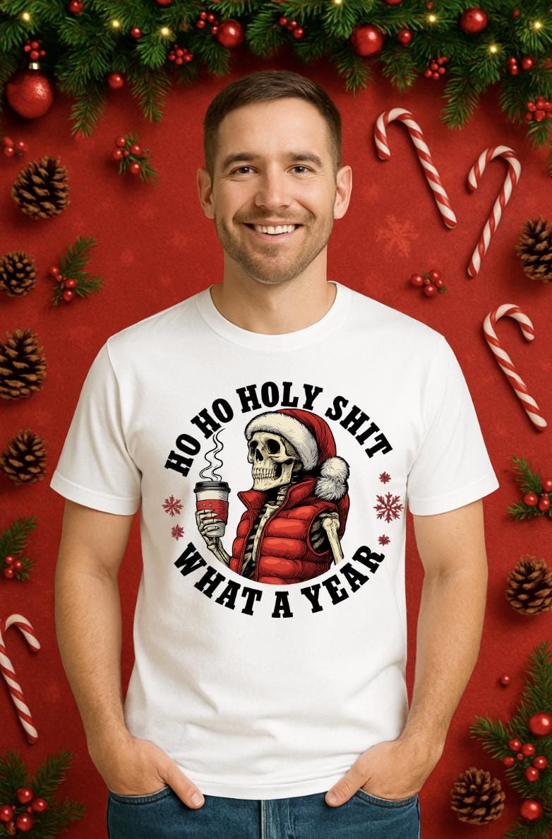 Funny Christmas Shirt for Adults | “Ho Ho Holy Sh*t What a Year” Holiday Tee | Sarcastic Skull Santa Xmas Shirt | Holiday Humor Gift