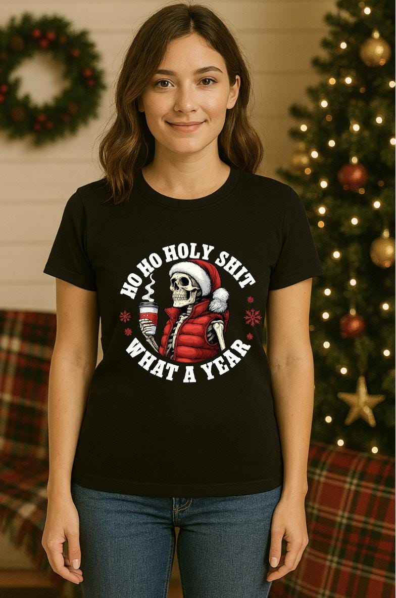 Funny Christmas Shirt for Adults | “Ho Ho Holy Sh*t What a Year” Holiday Tee | Sarcastic Skull Santa Xmas Shirt | Holiday Humor Gift
