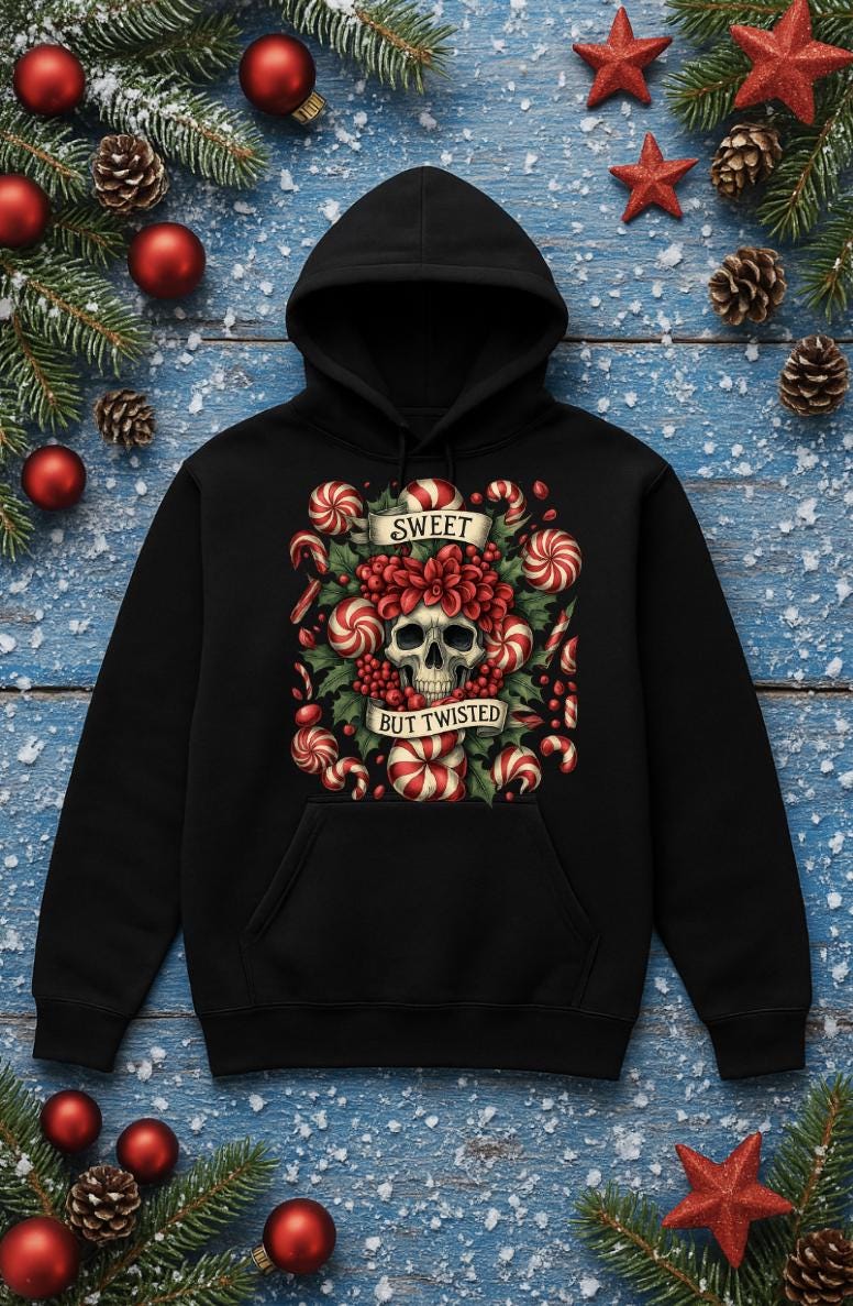 Sweet But Twisted Hoodie – Gothic Holiday Skull Hoodie – Funny Peppermint Candy Cane Sweatshirt