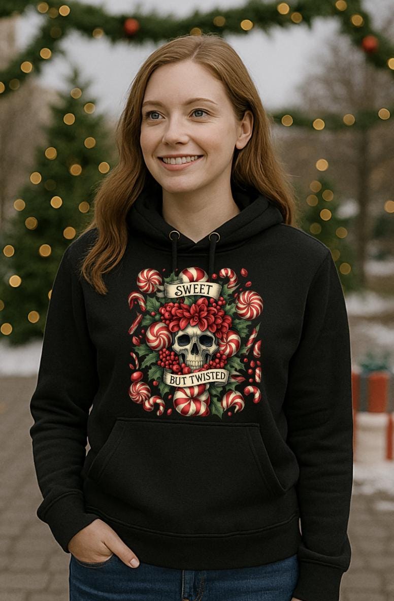 Sweet But Twisted Hoodie – Gothic Holiday Skull Hoodie – Funny Peppermint Candy Cane Sweatshirt