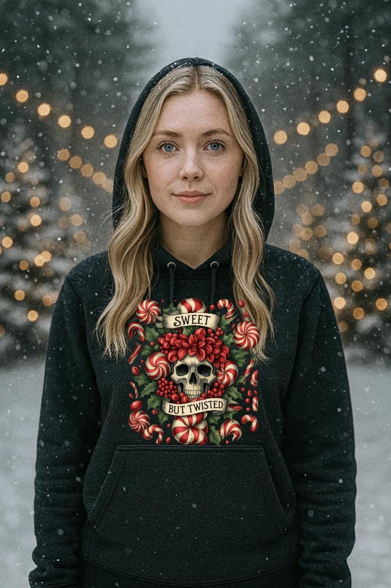 Sweet But Twisted Hoodie – Gothic Holiday Skull Hoodie – Funny Peppermint Candy Cane Sweatshirt