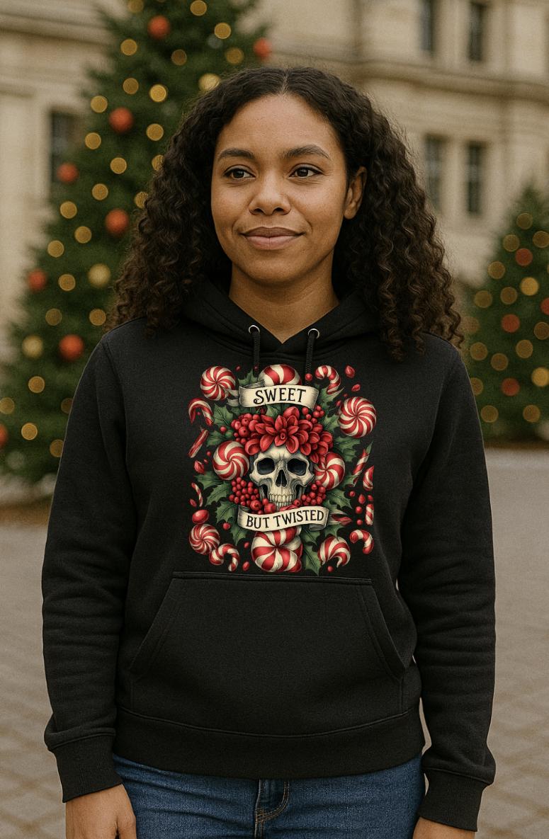 Sweet But Twisted Hoodie – Gothic Holiday Skull Hoodie – Funny Peppermint Candy Cane Sweatshirt
