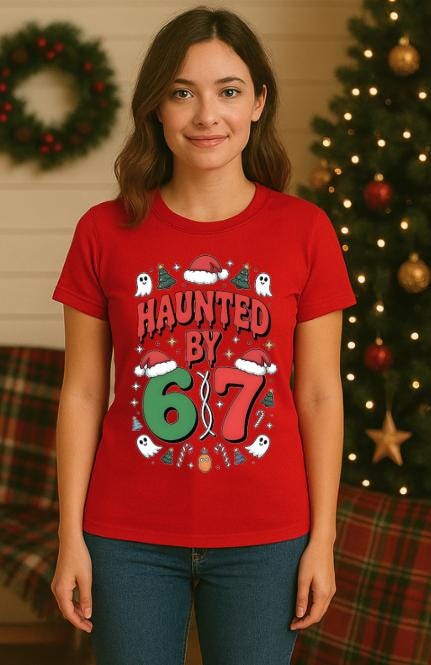 Haunted by 6/7 Shirt | Funny Christmas Tee | Viral Trend Shirt | Spooky Holiday Top | Haunted Christmas T-Shirt