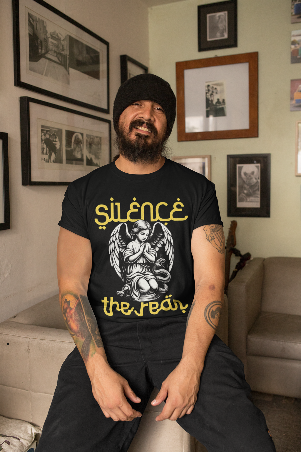 Man wearing Silence the Lambs dark humor graphic t-shirt with gothic angel illustration streetwear design