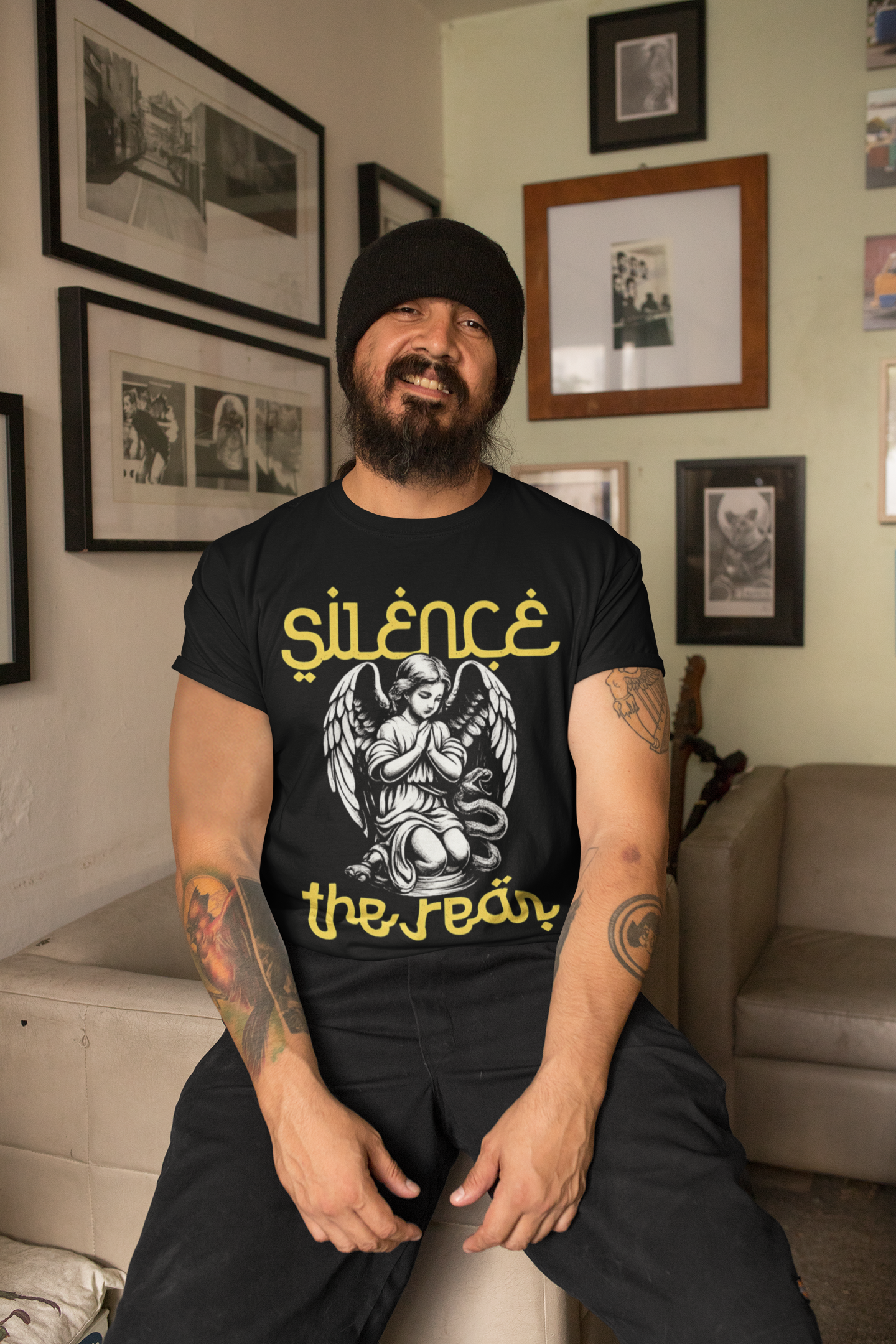 Man wearing Silence the Lambs dark humor graphic t-shirt with gothic angel illustration streetwear design