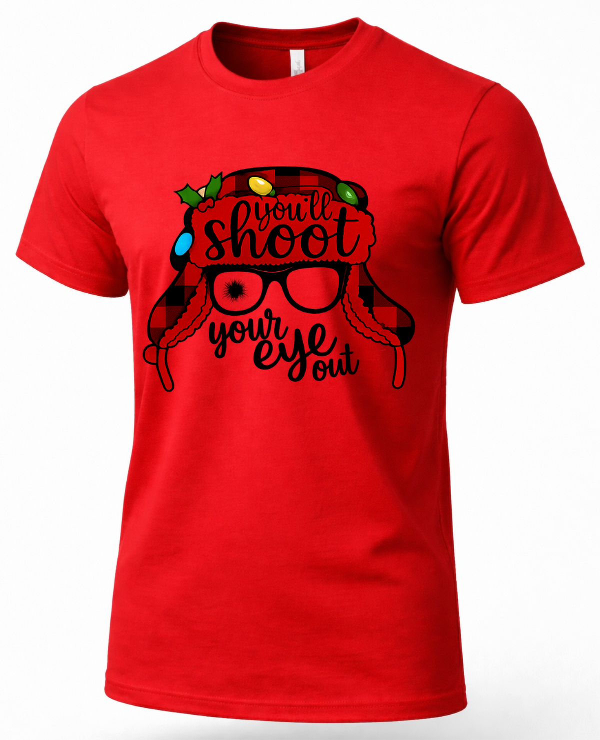 Red funny Christmas movie quote graphic t-shirt featuring winter hat, sunglasses and holiday lights