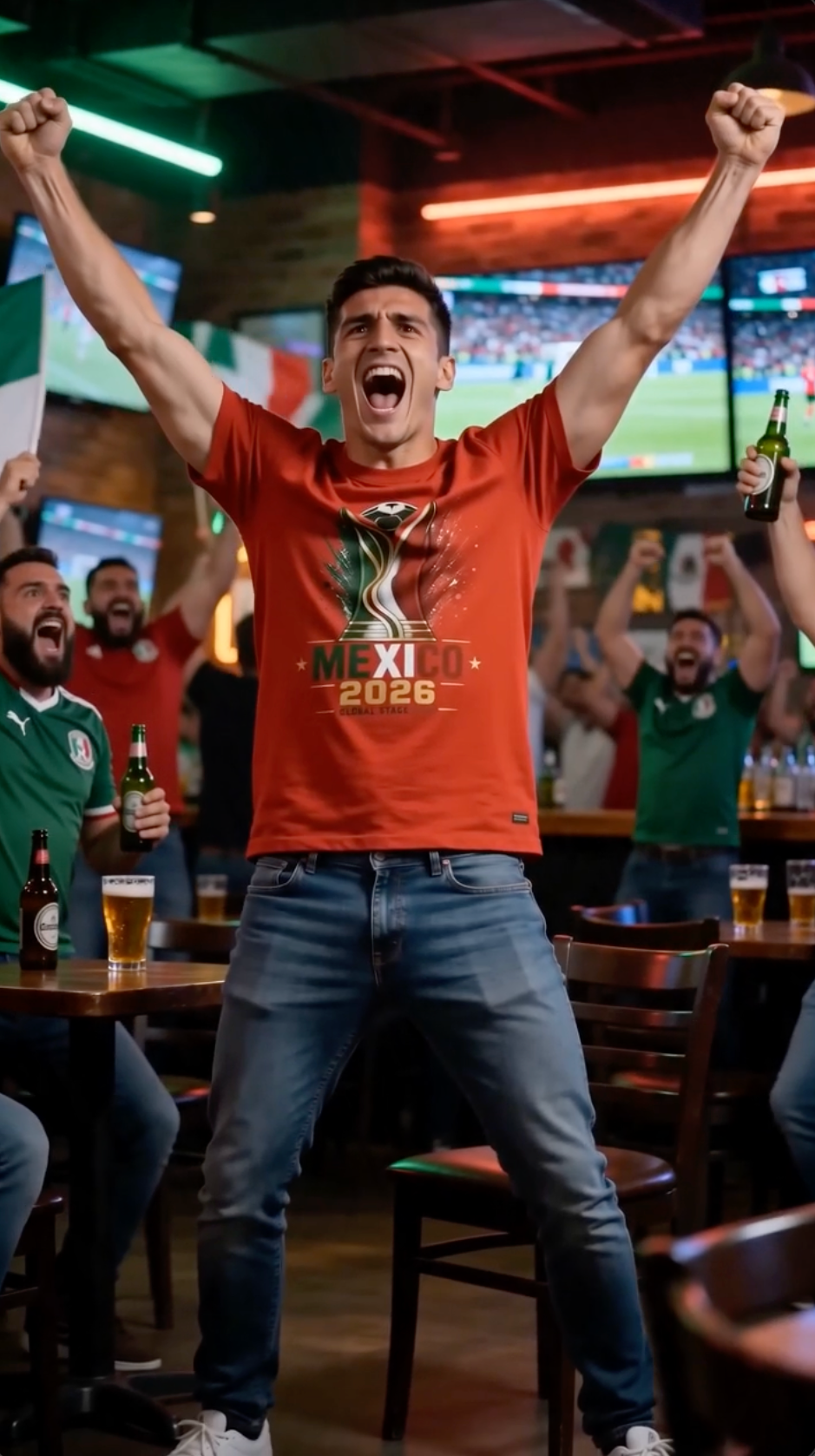 Male celebrating soccer match victory while wearing red Mexico 2026 football fan shirt in energetic sports bar atmosphere