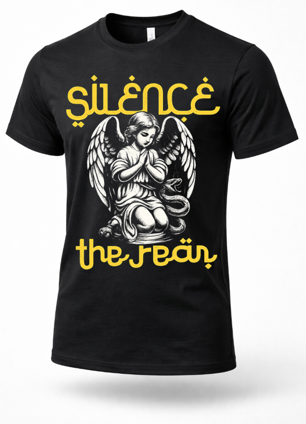 Silence the Lambs dark humor graphic t-shirt featuring gothic angel illustration streetwear design