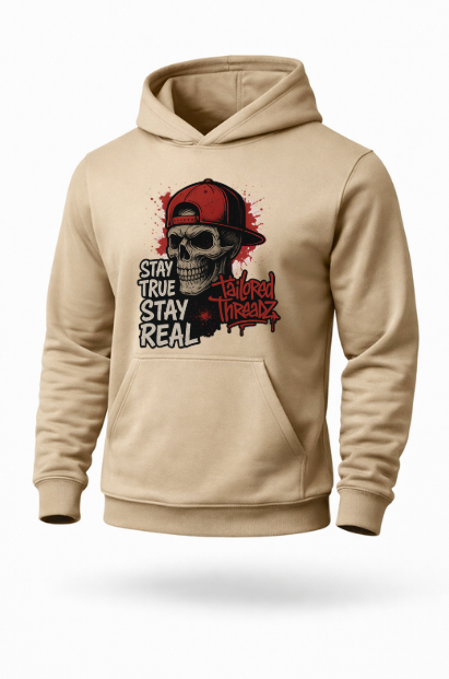 Stay True Stay Real skull streetwear hoodie by Tailored Threadz