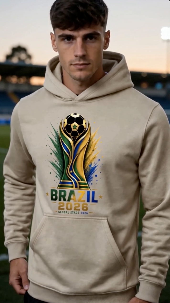 Male soccer fan wearing tan Brazil 2026 football hoodie in a stadium atmosphere featuring green yellow blue and gold soccer-inspired streetwear graphic design
