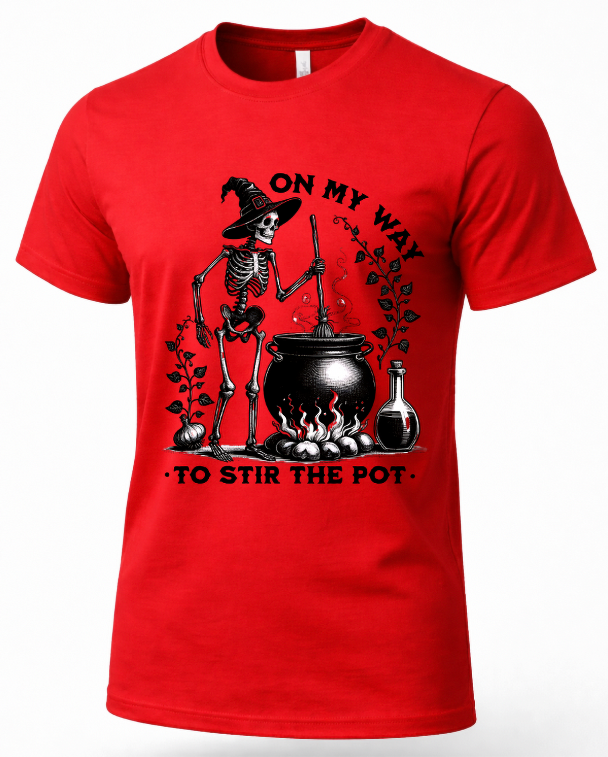 A red short-sleeve crewneck t-shirt featuring a black graphic of a skeleton wizard stirring a cauldron with the text 'ON MY WAY TO STIR THE POT'.